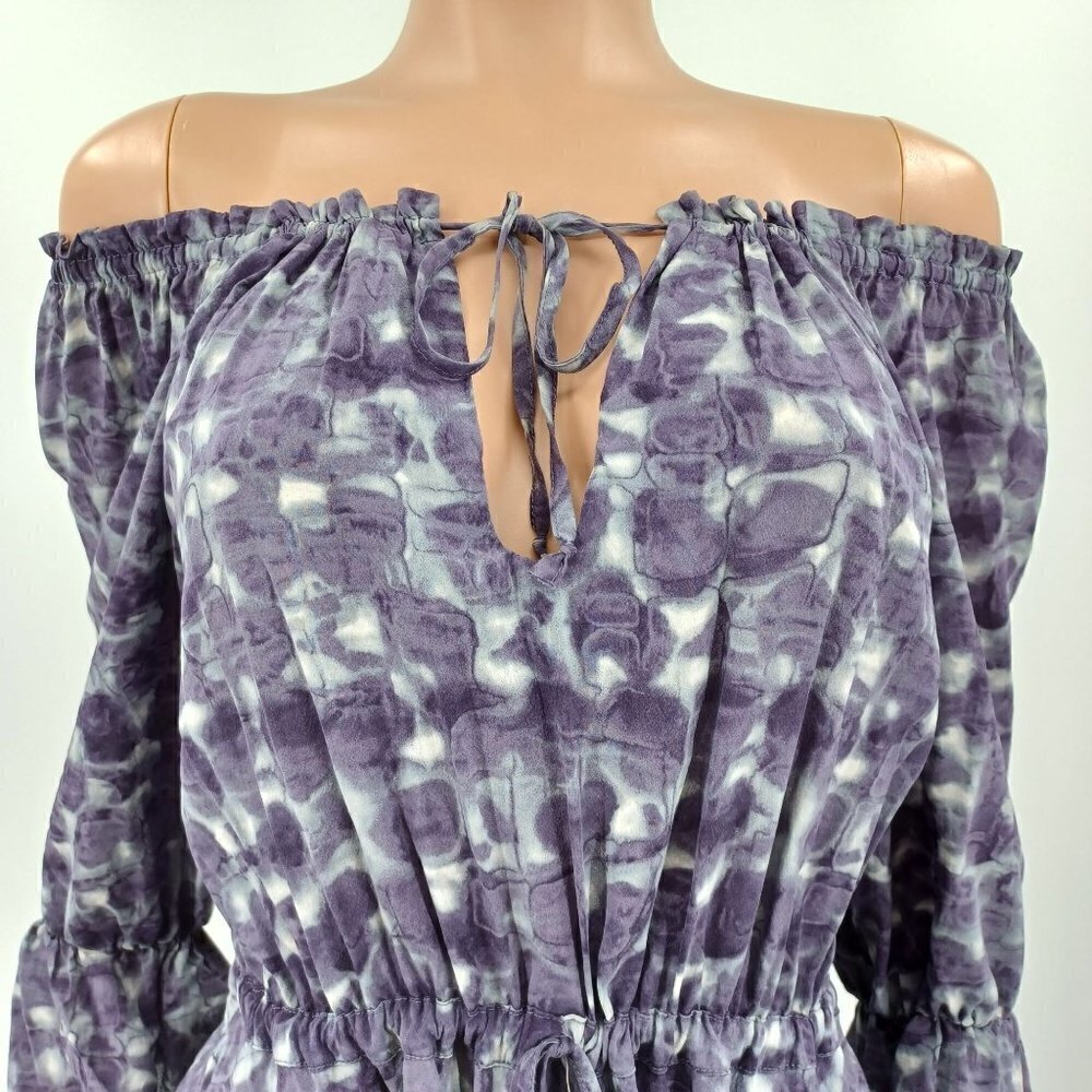 Alice + Olivia Purple Silk Geometric Abstract Off The Shoulder Peplum Blouse S - Picture 3 of 6